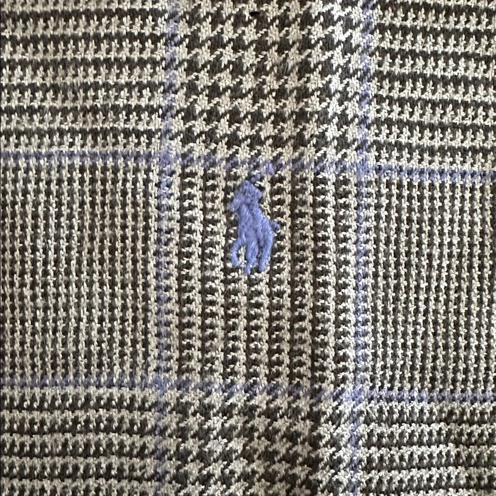 Polo Ralph Lauren Gray Blue Herringbone Plaid Fringed Wool Scarf